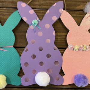 New Wood Bunny Rabbits Sign Easter Decoration Spring Home Door Hanger